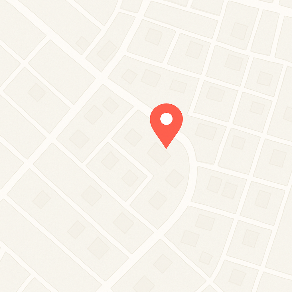 Eine stilisierte Karte mit einem roten Map-Pin ist zu sehen.